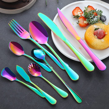 Cross-Border Amazon Stainless Steel Western Tableware Knife, Fork and Spoon Set Titanium-Plated Colorful Western Steak Knife, Fork and Spoon
