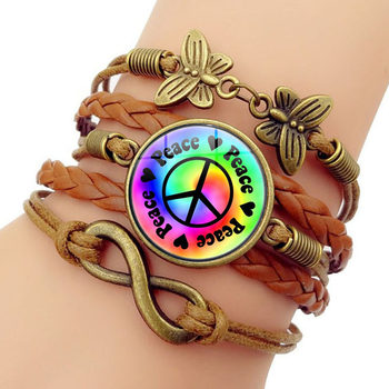 Colorful Peace Sign Time Gemstone Bracelet Women's Fashion Butterfly Infinite Symbol Hand-Woven Multi-Layer Hand Jewelry