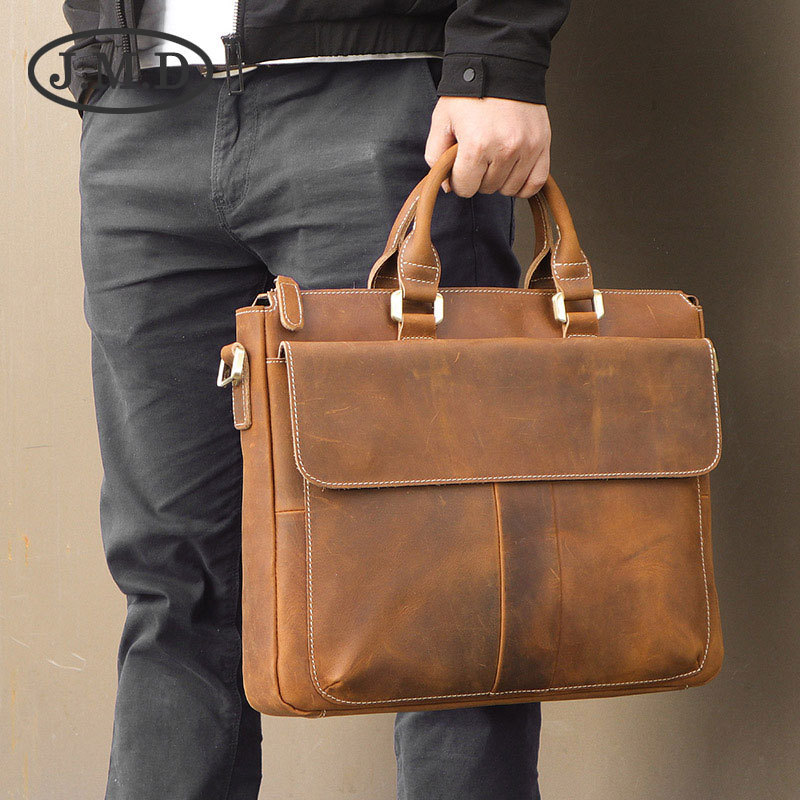 Cặp da nam da bò thật dạng briefcase đựng laptop 14 inch, có quai xách và dây đeo chéo điều chỉnh — Màu nâu, Màu nâu nhạt