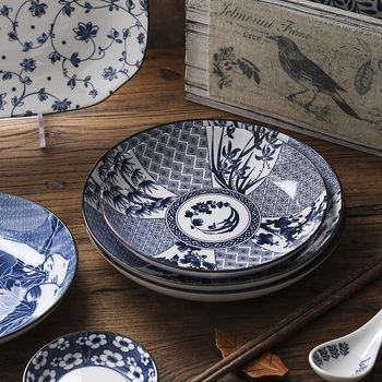 Japanese-style retro ceramic plate household dish deep plate creative fish plate blue and white porcelain plate Japanese style tableware suit
