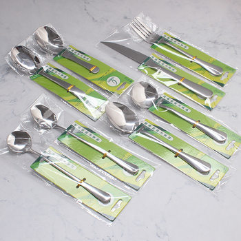 Factory wholesale hanging paper card packaging stainless steel knife and fork spoon set with bar code supermarket household stainless steel spoon