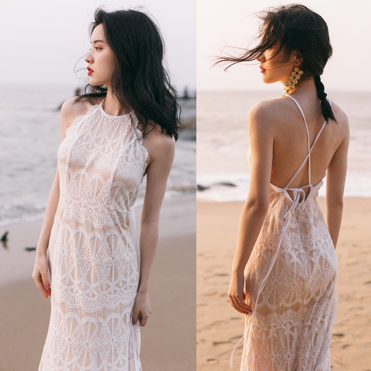 Đầm maxi nữ ren thắt eo phong cách BOWO tay loe — Trắng
