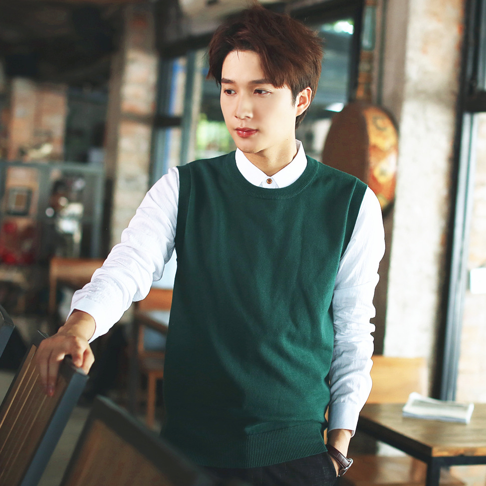 圆领无袖毛衣套头青年男毛衣马甲纯色无袖针织毛线背心男毛衫