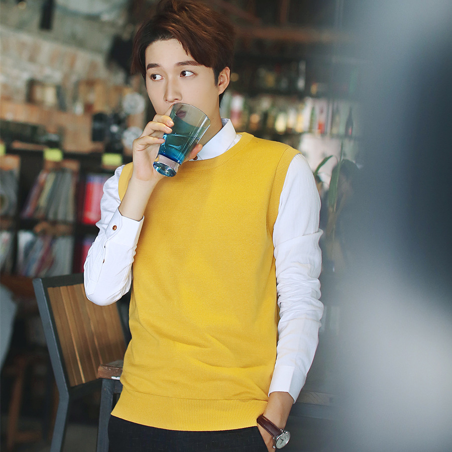 圆领无袖毛衣套头青年男毛衣马甲纯色无袖针织毛线背心男毛衫