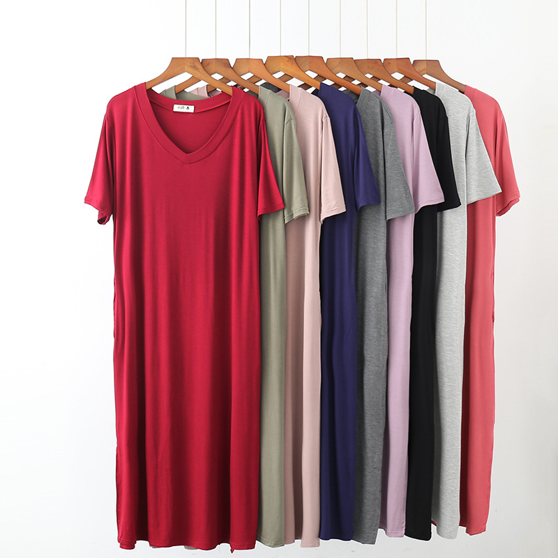 夏新款女装新款韩版V领短袖棉大码莫代尔连衣裙宽松休闲开叉长裙