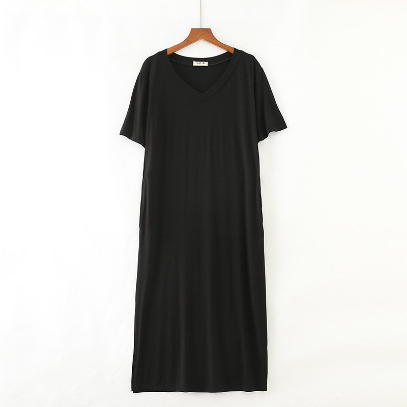 夏新款女装新款韩版V领短袖棉大码莫代尔连衣裙宽松休闲开叉长裙