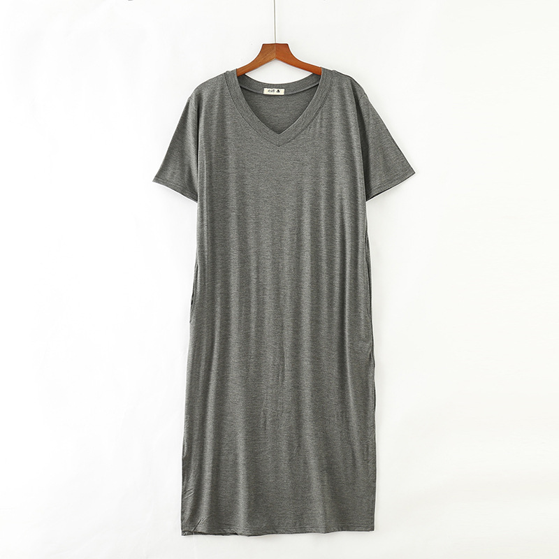 夏新款女装新款韩版V领短袖棉大码莫代尔连衣裙宽松休闲开叉长裙