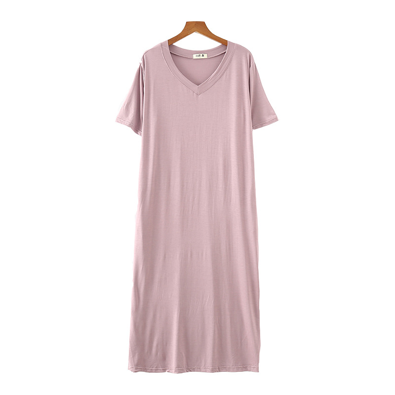 夏新款女装新款韩版V领短袖棉大码莫代尔连衣裙宽松休闲开叉长裙