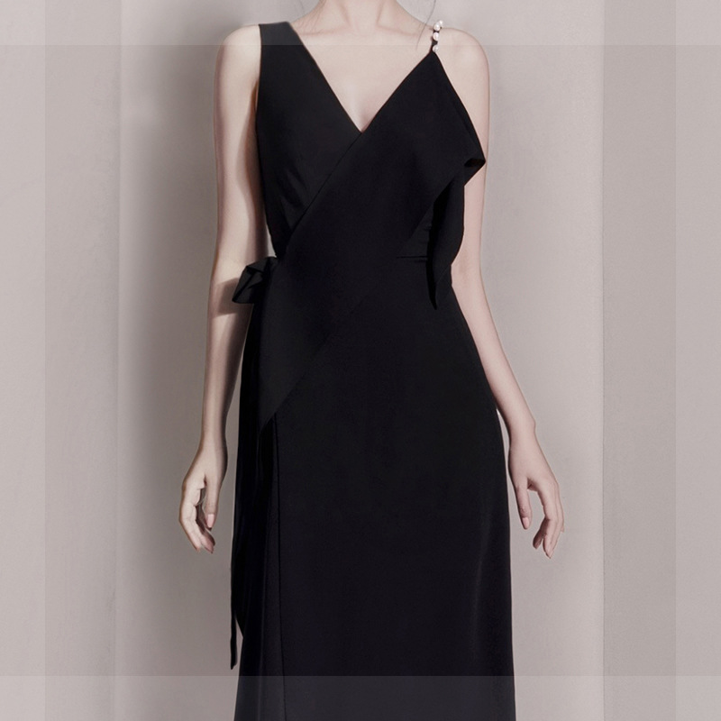 Đầm maxi nữ retro châu Âu cổ V, tay không, thắt eo ren — Hắc