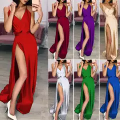 2025 Cross-Border Summer New European and American Clothing Sexy V-Neck Suspender Dress Slit Floor-Length Skirt Evening Dress
