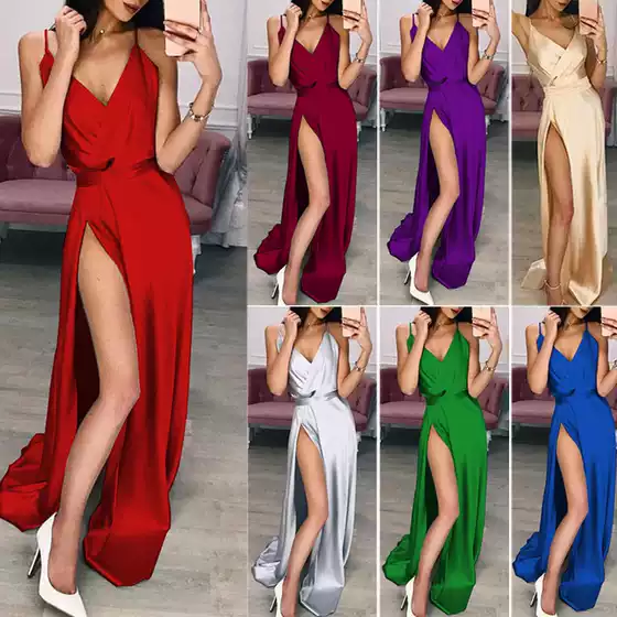 2025 Cross-Border Summer New European and American Clothing Sexy V-Neck Suspender Dress Slit Floor-Length Skirt Evening Dress