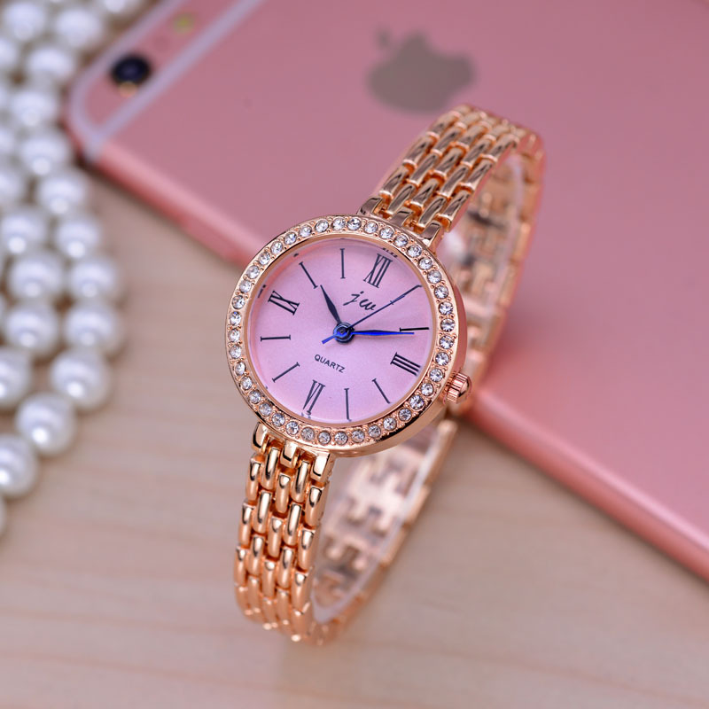 电视同款女表韩版时尚罗马条钉女士腕表玫瑰金色学生环钻手链表