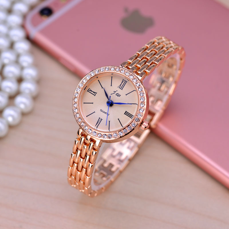 电视同款女表韩版时尚罗马条钉女士腕表玫瑰金色学生环钻手链表