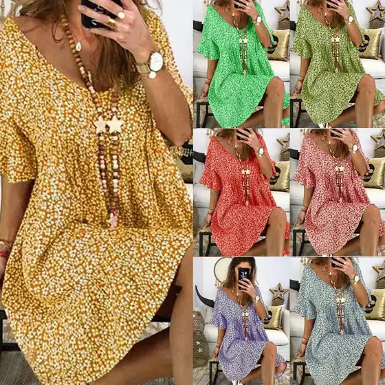 Spot wish Amazon eBay hot European and American women's loose bell sleeve printed dress OM8983