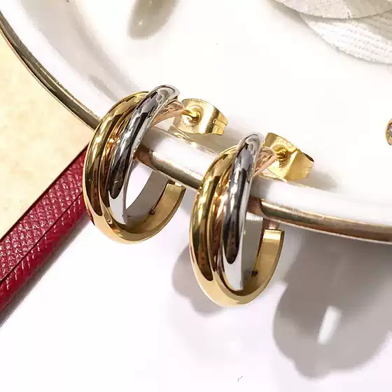 [02] European and American ins Cold Style Three-ring Circle Earrings Women's C- shaped New Internet Celebrity Retro Fashionable Hong Kong Style Earrings