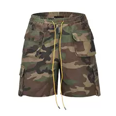 European and American High Street Ro Style Drawstring Lace Washed and Distressed Casual Camouflage Multi-Flap Pocket Pants Accordion Bag Overalls Shorts