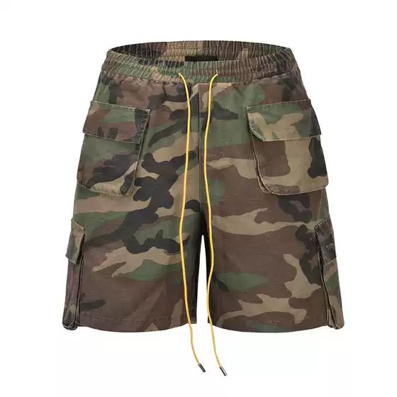 European and American High Street Ro Style Drawstring Lace Washed and Distressed Casual Camouflage Multi-Flap Pocket Pants Accordion Bag Overalls Shorts