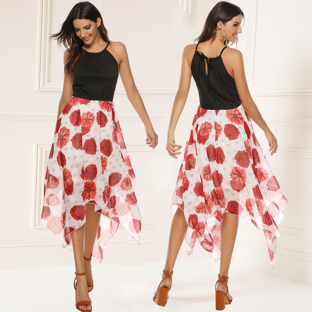 Chic Womens Chiffon Dress Set Sexy Spaghetti Strap Top with Floral Print Stylish Summer Outfit for Casual Occasions