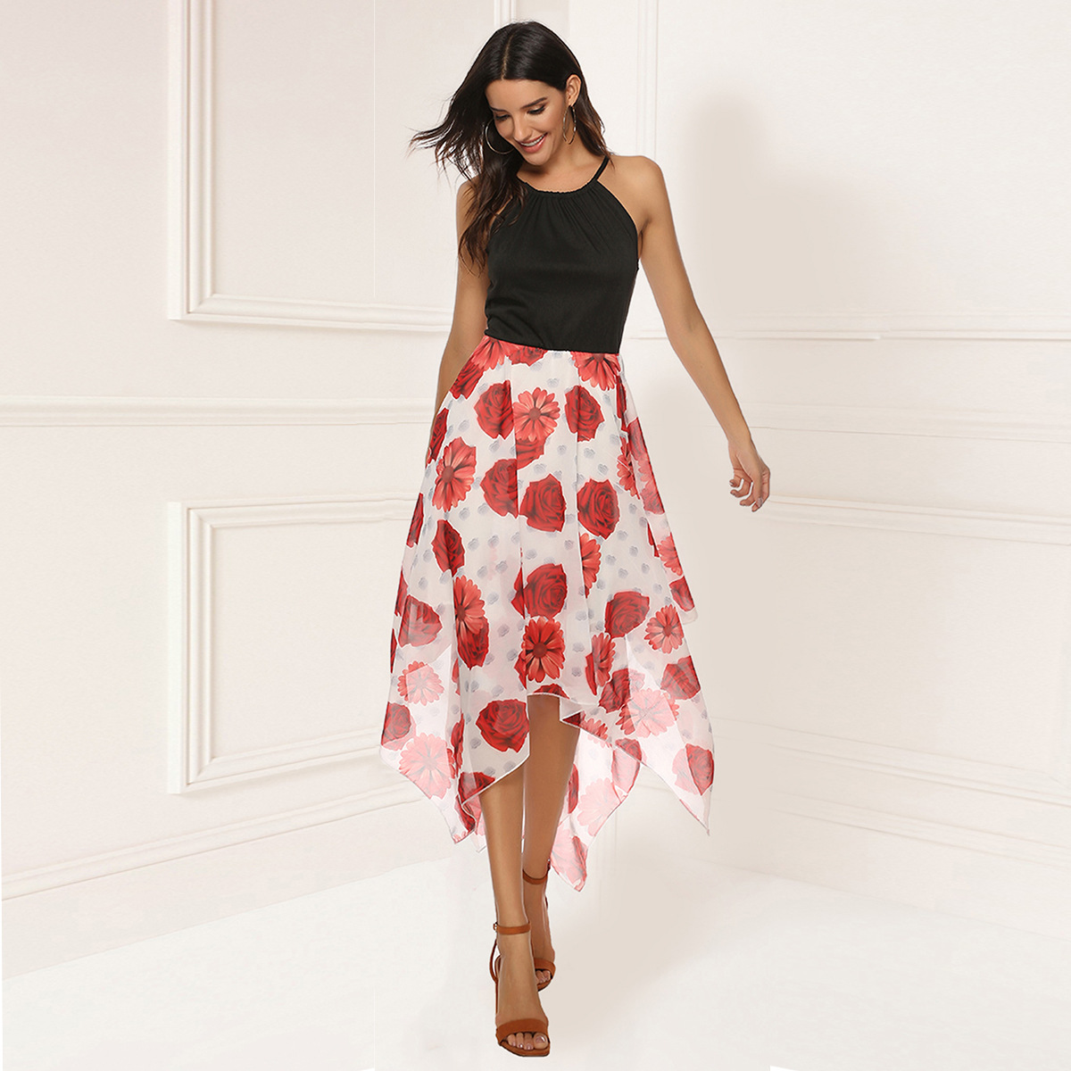 Chic Womens Chiffon Dress Set Sexy Spaghetti Strap Top with Floral Print Stylish Summer Outfit for Casual Occasions