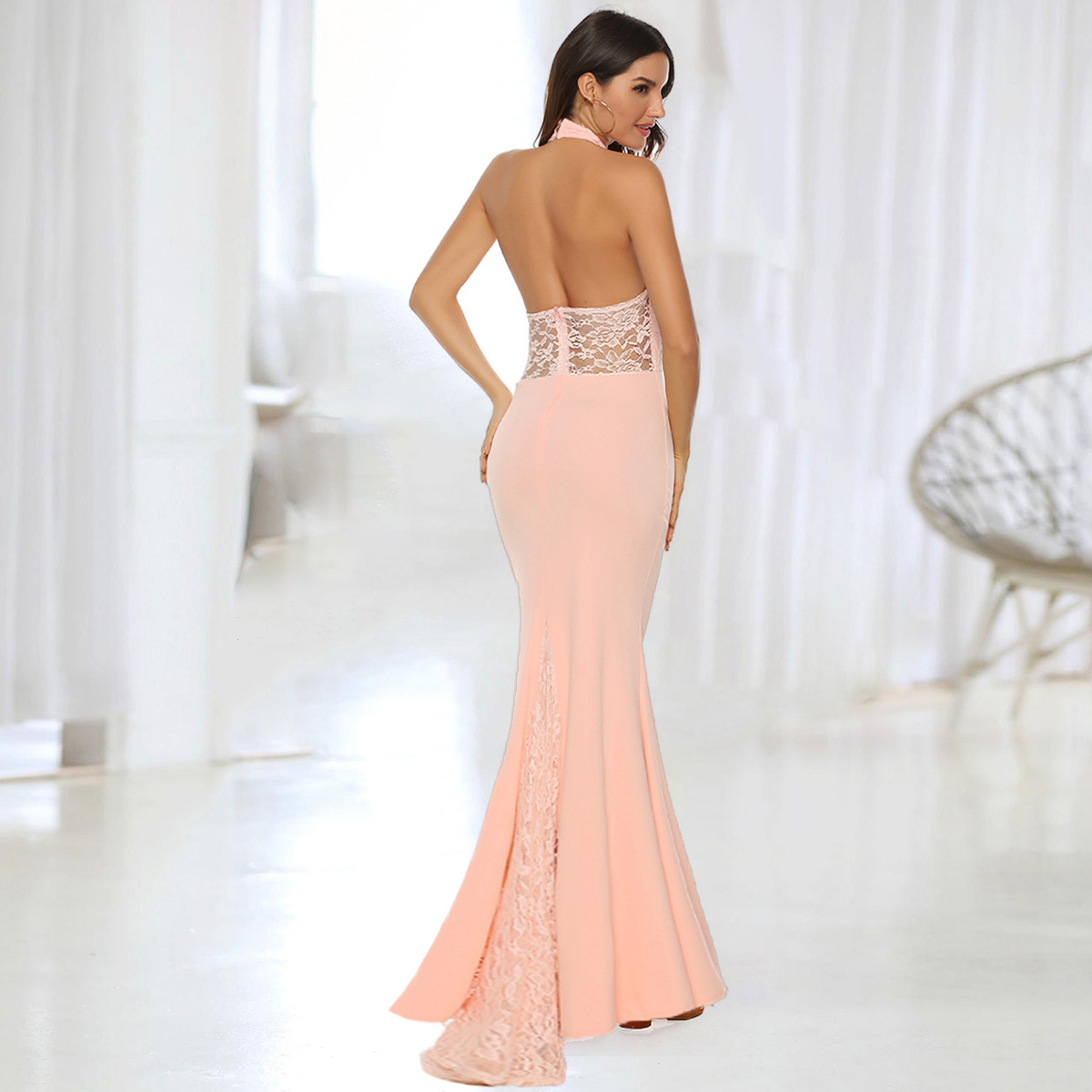 Elegant Lace Backless Maxi Dress Sexy Halter Neck Wedding Evening Gown Wholesale Available private label