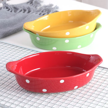 Polka-Dot Cheese Baked Rice Plate Microwave Ceramic Western Food Plate Oven Tableware Creative Dish Plate Home Baking Bowl