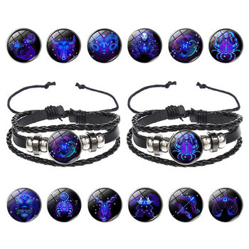 European and American Explosions Couple's Hand Rope Cross-border 12 Constellation Multi-layer Woven Luminous Punk Cowhide Star Bracelet Jewelry