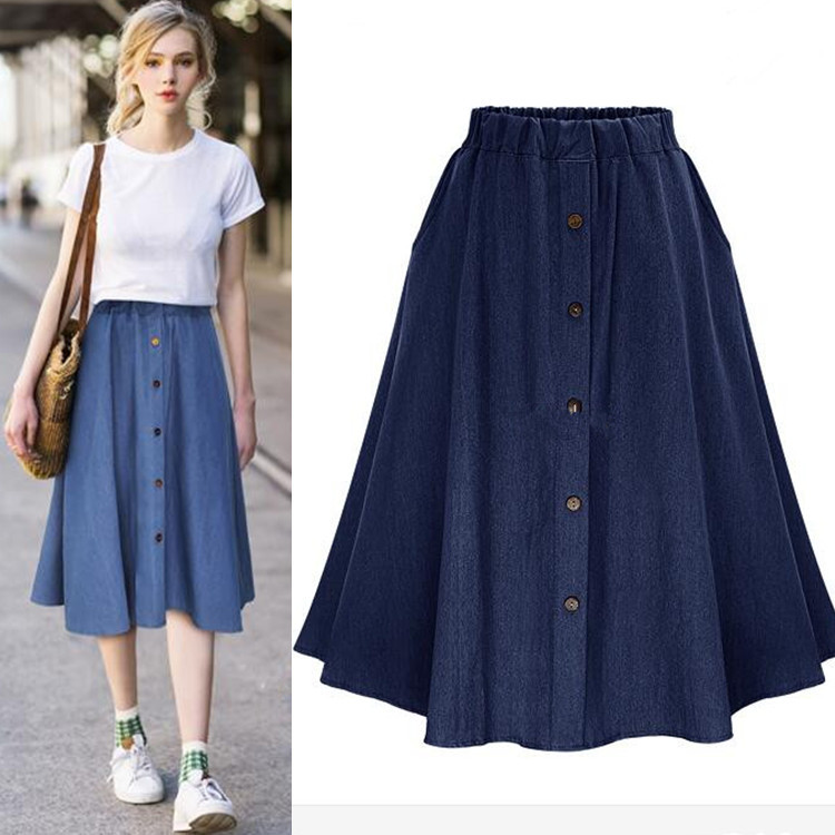 women's denim loose skirt summer a-line buttoned elastic skirt