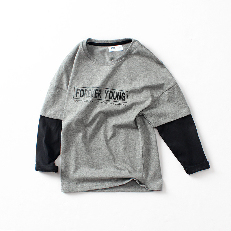 2026 Autumn Korean Style Children's Long Sleeve T-Shirt, Big Kids Pure Cotton Fake Two-Piece Top, Boys' Base Shirt Wholesale