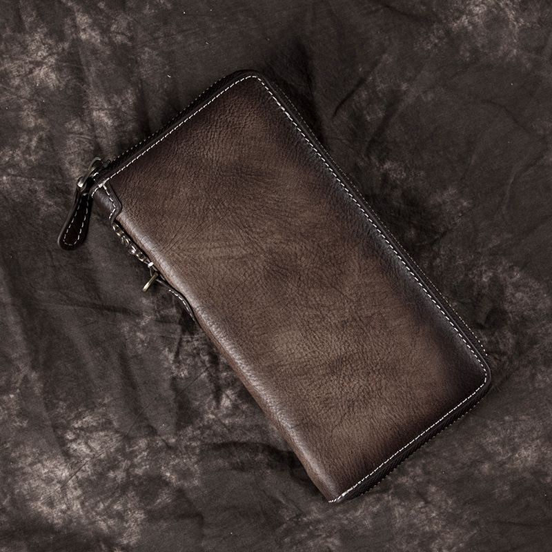New Retro Men's Wallet Long Zipper Genuine Leather Clutch Multi-functional European and American Cowhide Youth Men's Wallet
