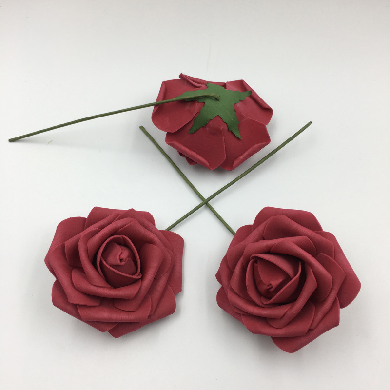 工厂现货仿真8cm带杆PE玫瑰花 泡沫花头手捧花婚庆喜糖盒配件