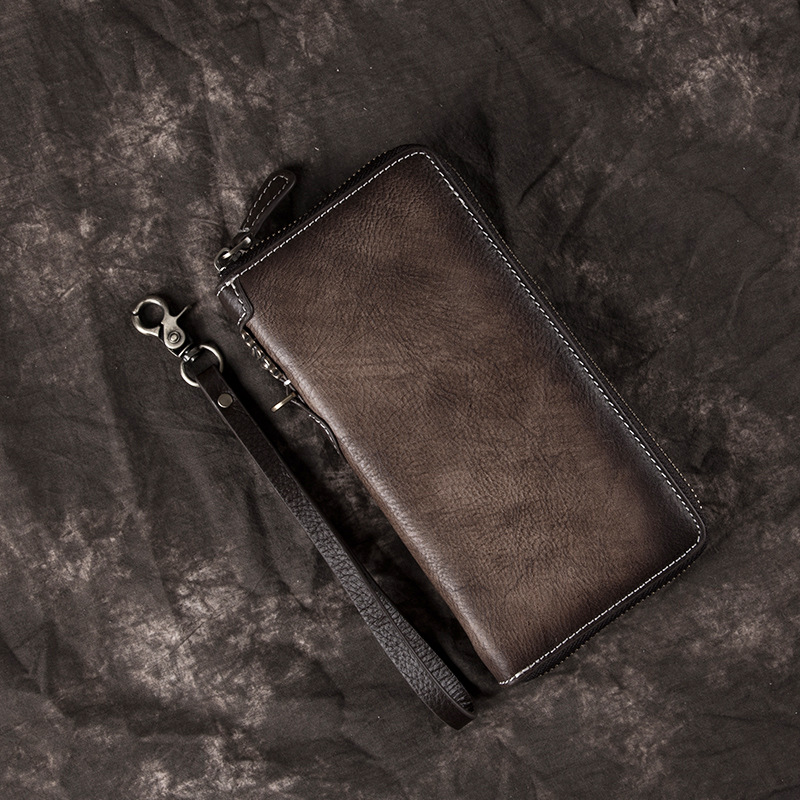 New Retro Men's Wallet Long Zipper Genuine Leather Clutch Multi-functional European and American Cowhide Youth Men's Wallet