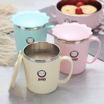 Cute Cartoon Kidsren's Water Cup Stainless Steel Tableware with Lid Infant Mouth Cup Milk Cup with Handle Baby Cup