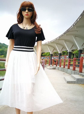 荷叶边雪纺拼接撞色大摆裙女women's summer sexy ladies dresses