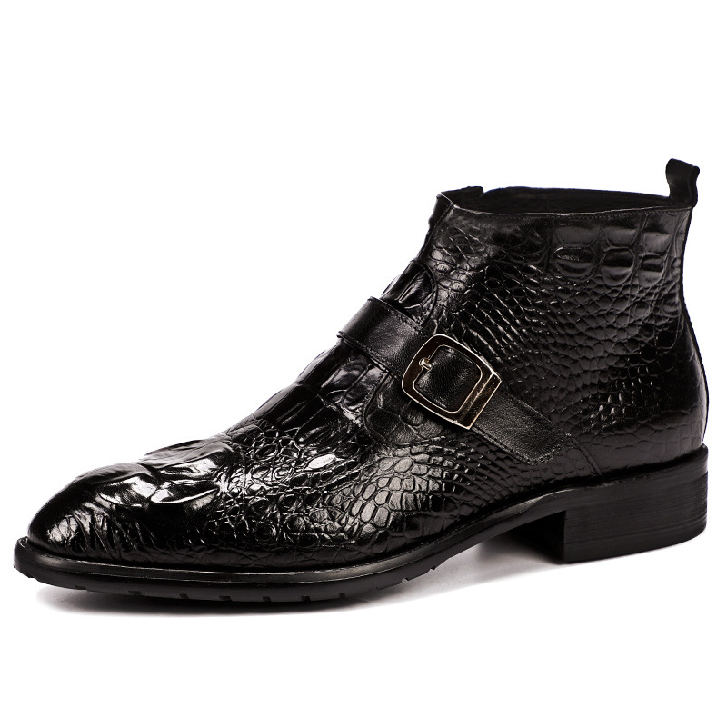 Giày Boot Da Bò Cao Cổ Khóa Gài Vân Cá Sấu Chiều Cao Đế Khoảng 3cm Màu Đen, Nâu