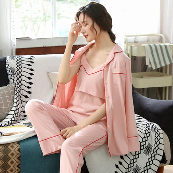 100% Cotton Maternity Pajamas Three-Piece Set Pure Cotton Spring and Autumn Class a Maternity Sleepwear Autumn and Winter Nursing Set Warm Postpartum