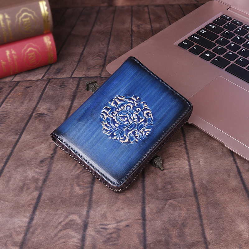 Ví card holder da bò thật dập nổi thủ công phong cách accordion nhiều ngăn — Cà phê cổ điển, Đỏ cổ điển, Vàng cổ điển