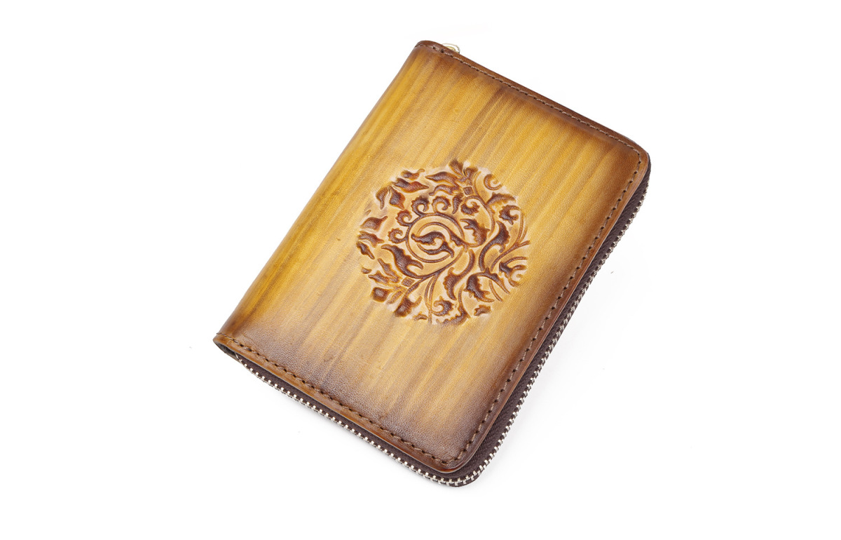 Ví card holder da bò thật dập nổi thủ công phong cách accordion nhiều ngăn — Cà phê cổ điển, Đỏ cổ điển, Vàng cổ điển