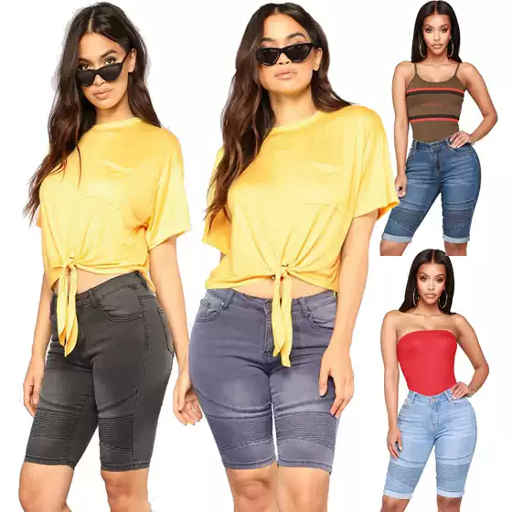 2025 Women's Motorcycle Stretch Mid-Thigh Denim Shorts Blue Jeans for European and American Amazon Cross-Border Dropshipping