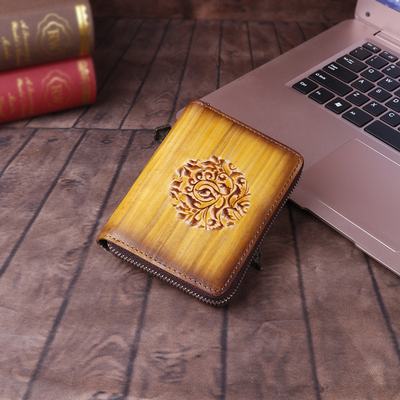 Ví card holder da bò thật dập nổi thủ công phong cách accordion nhiều ngăn — Cà phê cổ điển, Đỏ cổ điển, Vàng cổ điển