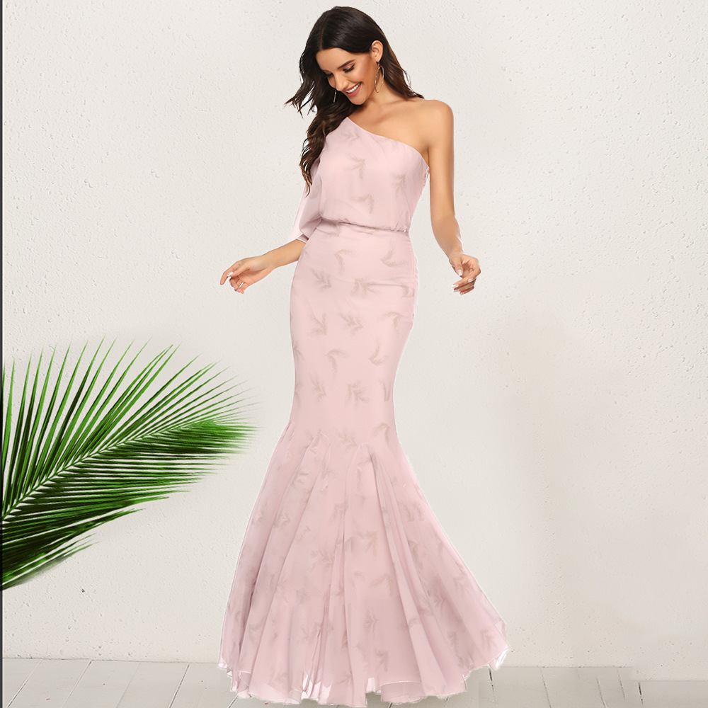 Bohemian Maxi Dress Elegant Asymmetrical Shoulder Mermaid Hem Long Length Perfect for Parties and Special Occasions