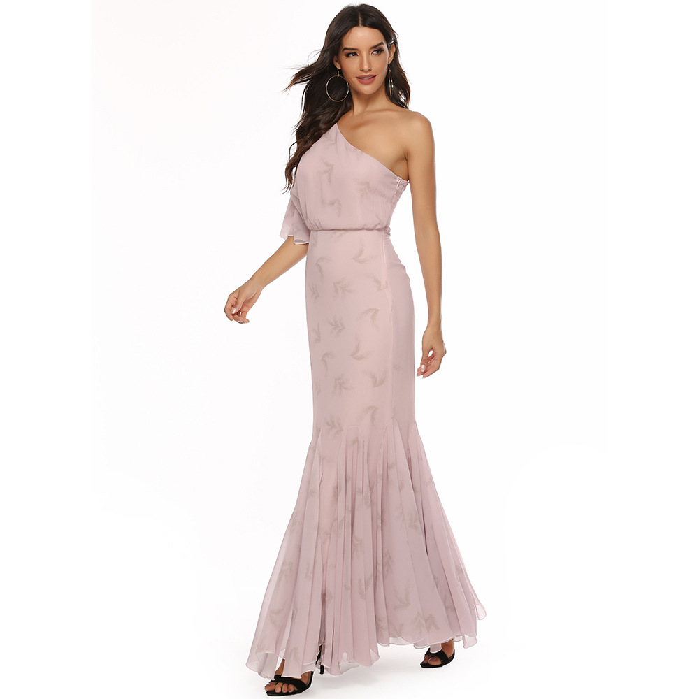 Bohemian Maxi Dress Elegant Asymmetrical Shoulder Mermaid Hem Long Length Perfect for Parties and Special Occasions