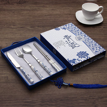 Blue and White Porcelain Tableware Knife, Fork and Spoon Chopsticks Set Features Chinese Style Gifts for Foreign Business Meeting Gifts Abroad