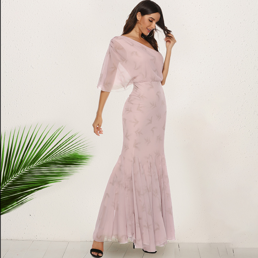 Bohemian Maxi Dress Elegant Asymmetrical Shoulder Mermaid Hem Long Length Perfect for Parties and Special Occasions