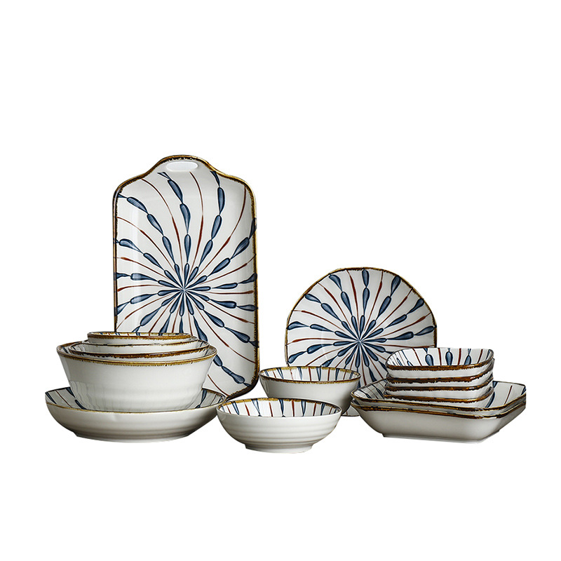 Sparks Japanese Style Hefeng Ceramic Bowl and Dish Plate Retro Underglaze Color Household Rice Bowl Noodles Bowl and Dish Tableware Set