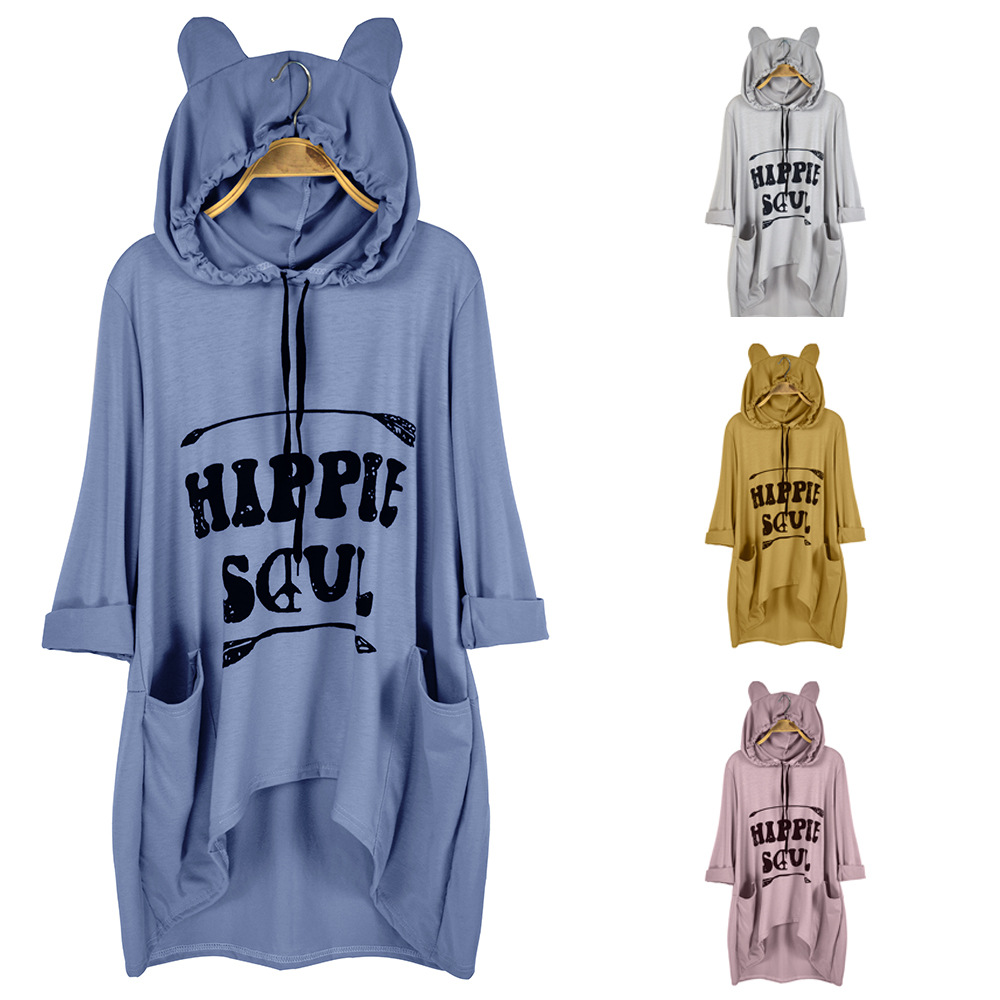 Plus Size Womens Loose Fit Hooded T Shirt Irregular Hem Autumn Winter Style Ready to Ship OEM ODM service