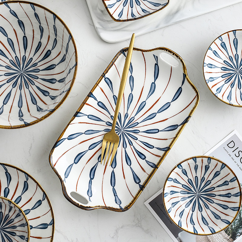 Sparks Japanese Style Hefeng Ceramic Bowl and Dish Plate Retro Underglaze Color Household Rice Bowl Noodles Bowl and Dish Tableware Set