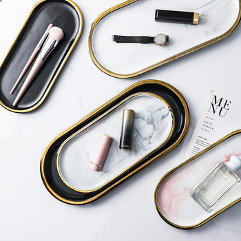 Nordic Marble Tray Gold Edge Oval Plate Ornaments Jewelry Storage Tray Ceramic Steak Western Food Tray