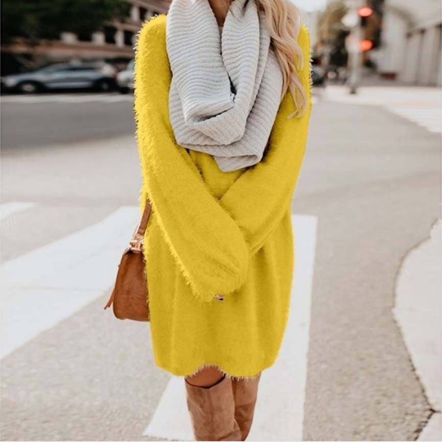 Long Sleeve Plush Midi Dress Loose Fit Round Neck Soft Fabric Fall Winter Fashion Wholesale Available