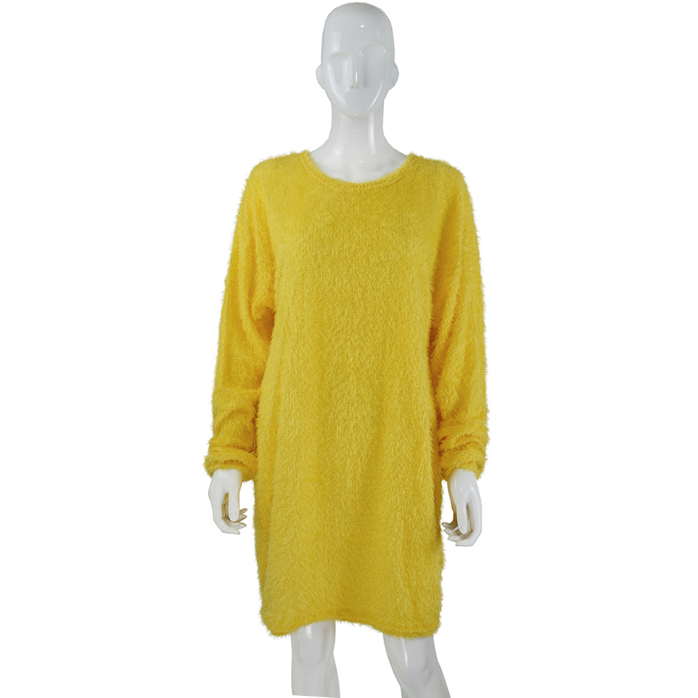 Long Sleeve Plush Midi Dress Loose Fit Round Neck Soft Fabric Fall Winter Fashion Wholesale Available