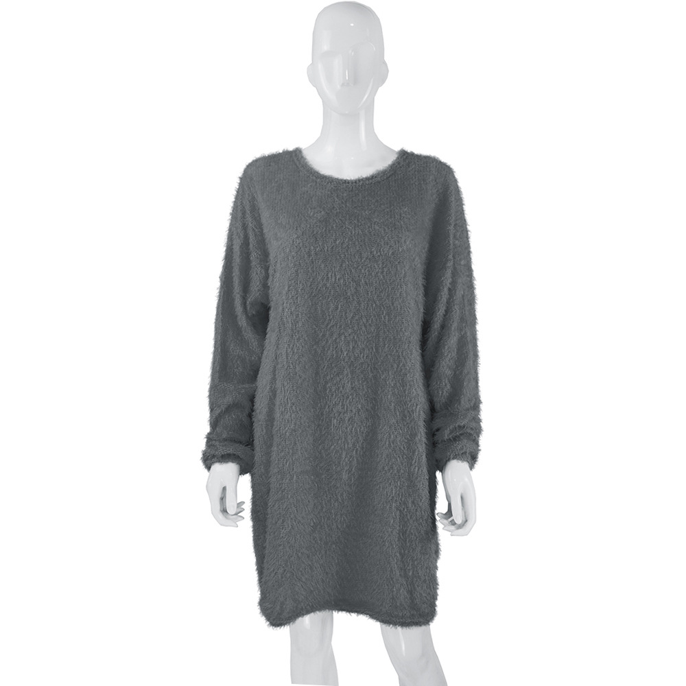 Long Sleeve Plush Midi Dress Loose Fit Round Neck Soft Fabric Fall Winter Fashion Wholesale Available